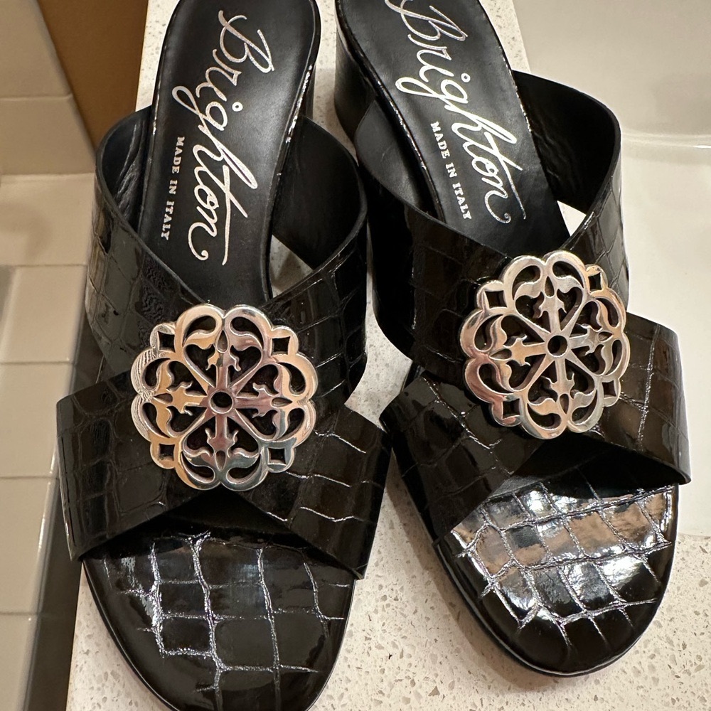 Brighton Black Mules with Elegant Metallic Detail-CROC- Made In Italy- Size 7.5